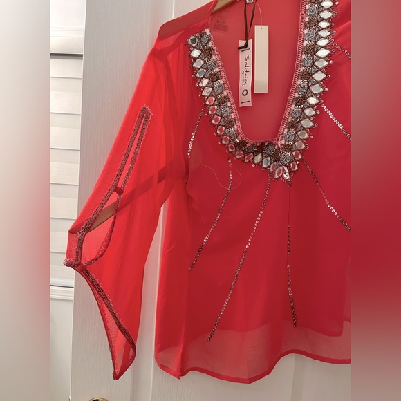 Watermelon pink shirt with beading and mirror work - Picture 3 of 5